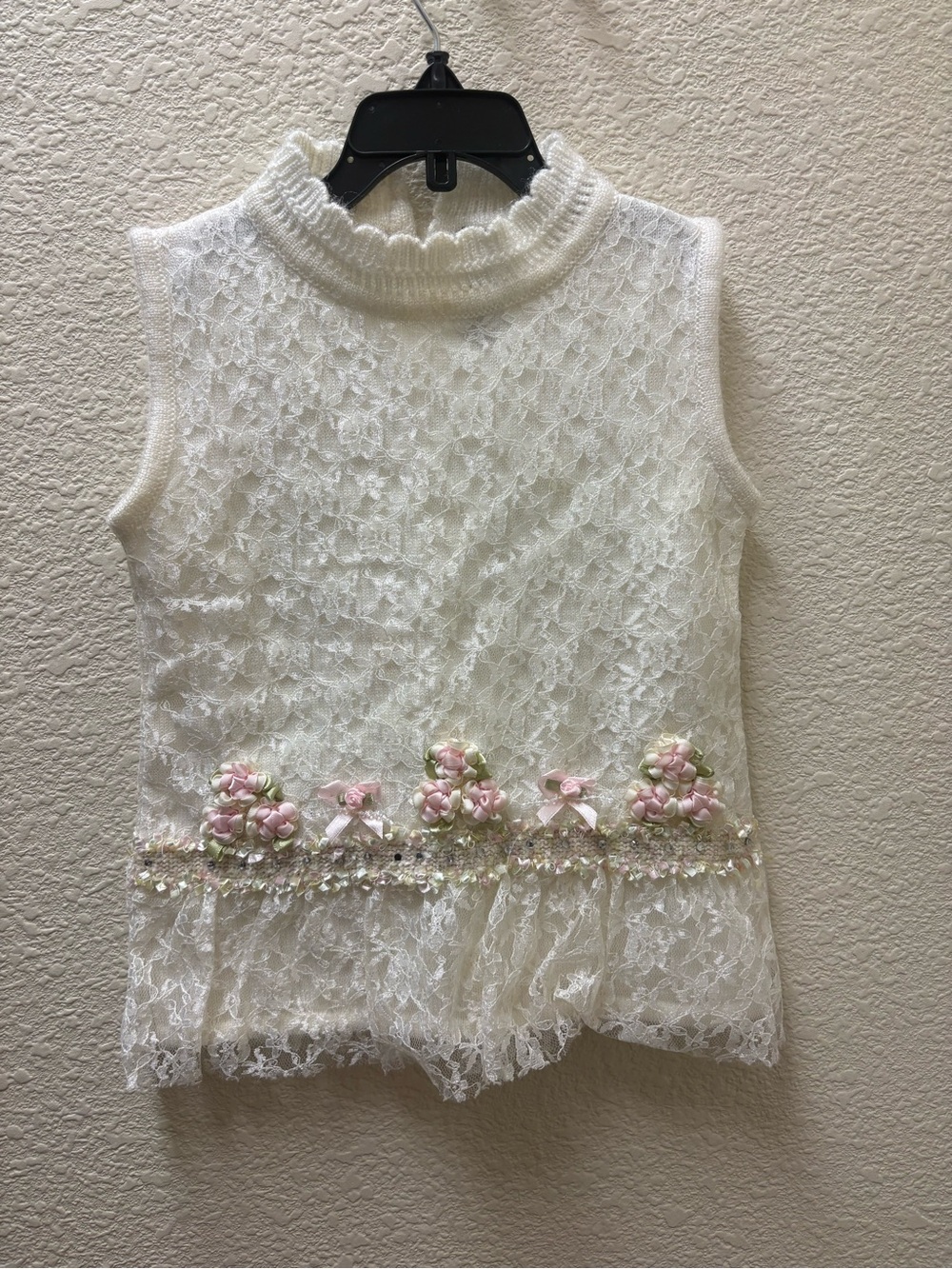Vintage Little rascals dress White Lace Sleeveless Top with Pink Floral Trim